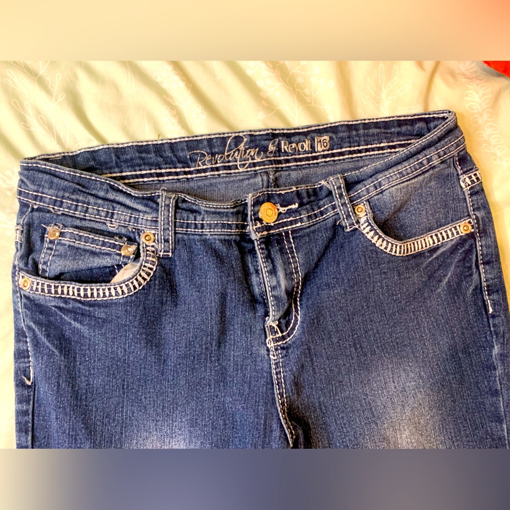 Revolution medium rise jeans, size 16, embellished butterfly pocket detailing
